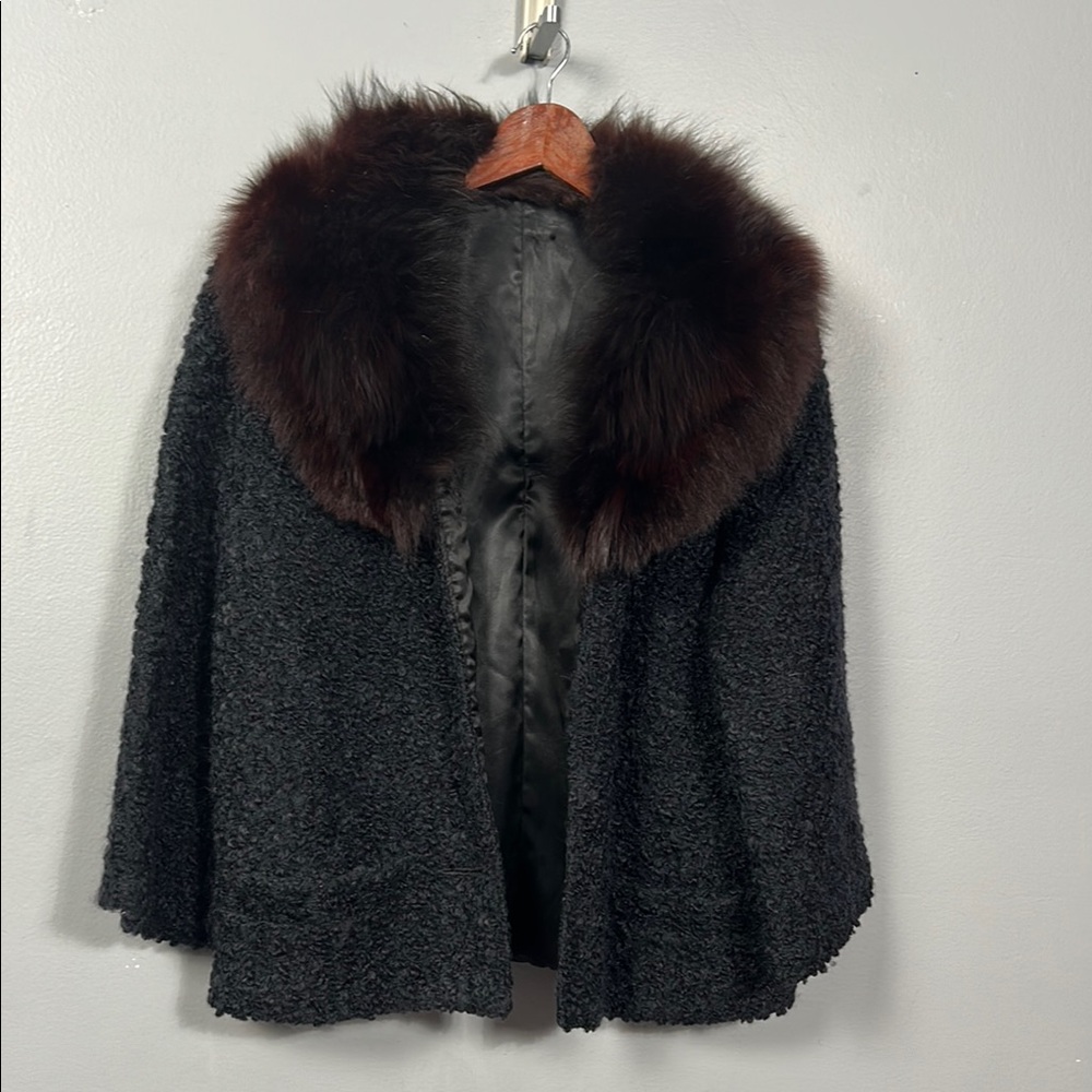 Vintage Black Boucle Elegant Fur Collar Jacket